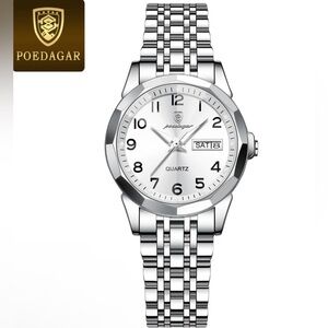 NWOT NIB Poedagar Silver Quartz Stainless Steel Men’s Watch W/White Watch Face